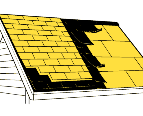 Roof overlay versus tear-off diagram showing layered shingles beside an exposed roof deck on a Mid-Missouri home.