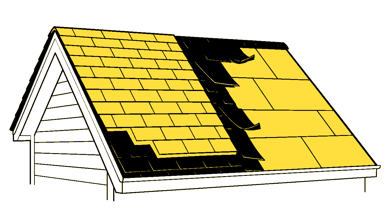 Roof overlay versus tear-off diagram showing layered shingles beside an exposed roof deck on a Mid-Missouri home.