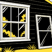 Flat illustration of a primary window with a separate storm panel leaning beside the opening.