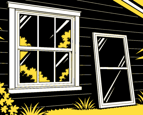 Flat illustration of a primary window with a separate storm panel leaning beside the opening.
