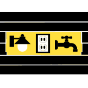 Minimalist flat illustration of a Mid-Missouri house wall with siding opened around an outdoor light, an exterior outlet, and a hose bib, in black, yellow, and white.