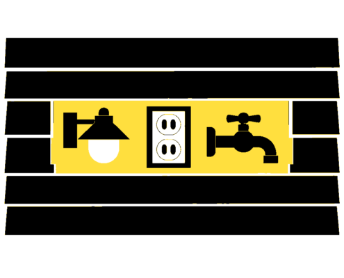 Minimalist flat illustration of a Mid-Missouri house wall with siding opened around an outdoor light, an exterior outlet, and a hose bib, in black, yellow, and white.
