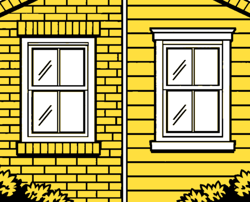 Flat illustration of one brick window opening beside one sided window opening.
